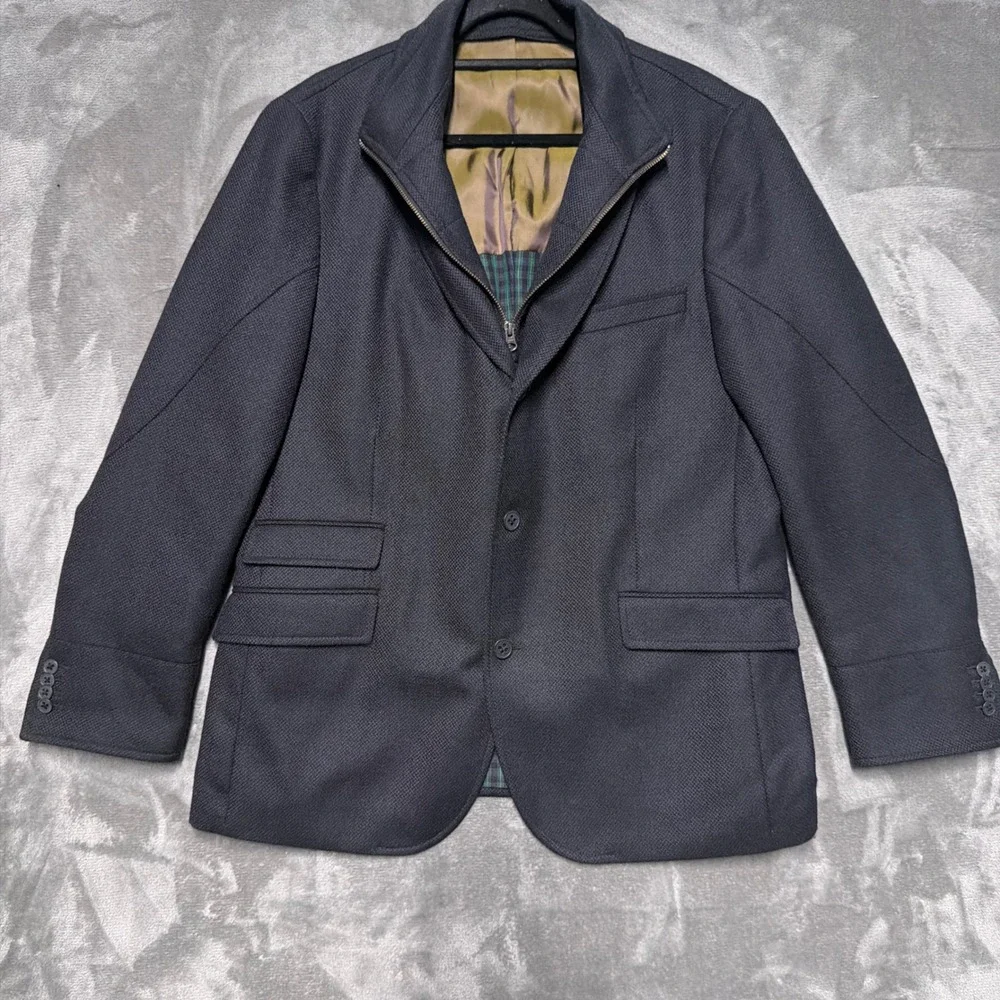 Q Mens Blazer Jacket 44R Navy Blue Zip‎ Inset Wool Plaid Lining Textured Coat
